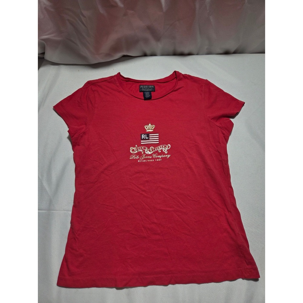 Y2K Polo Jeans Co Ralph Lauren Red Graphic T-Shirt Gold Foil Crown Flag Womens M